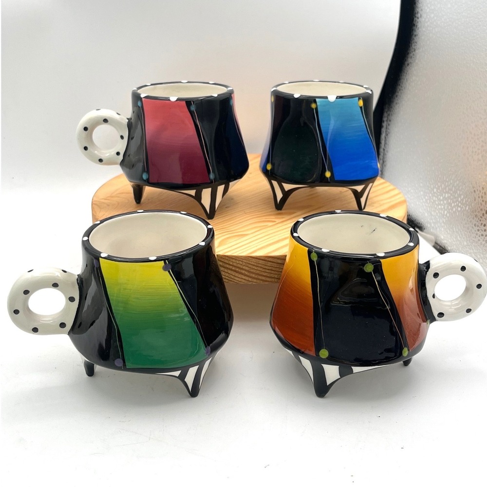 Vtg Carnival  3 Footed Coffee Mug Memphis Milano Style set of 4 Post modern 90s
